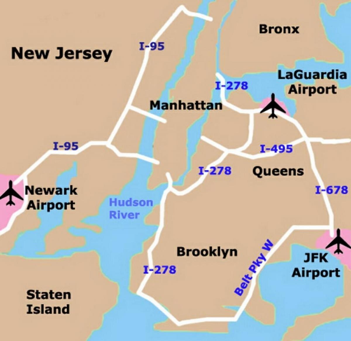 карта аэропортов Нью-Йорка, JFK, EWR, LGA