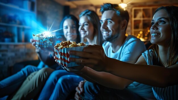 group of friends watching movie, popcorn, smiles