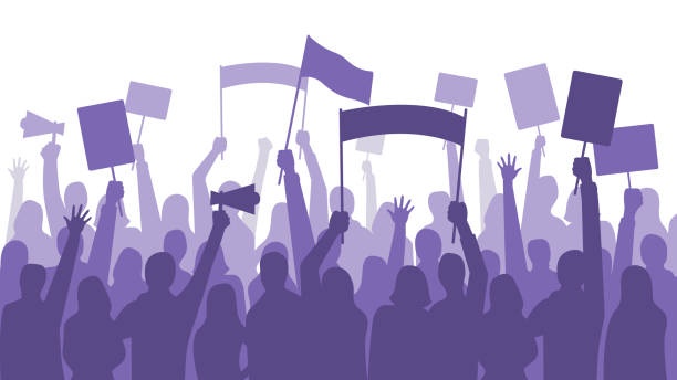 political meeting, crowd, flags, protest signs
