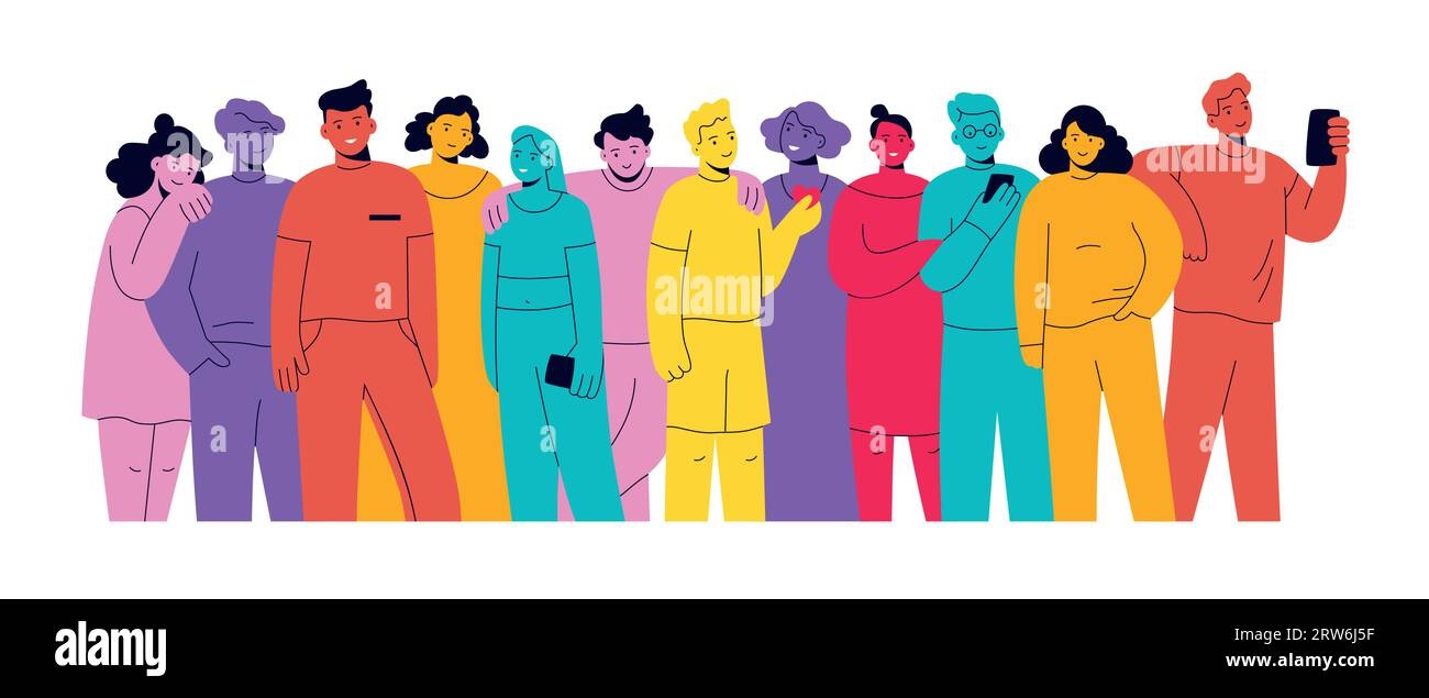 group of diverse people talking, positive interaction, bright colors