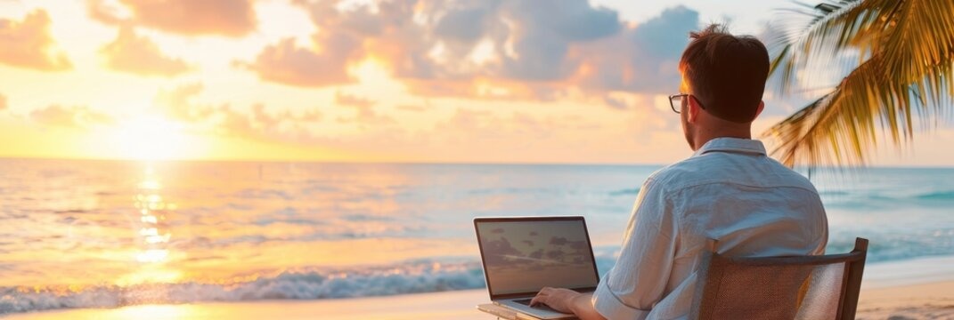 laptop,beach,sunset,working
