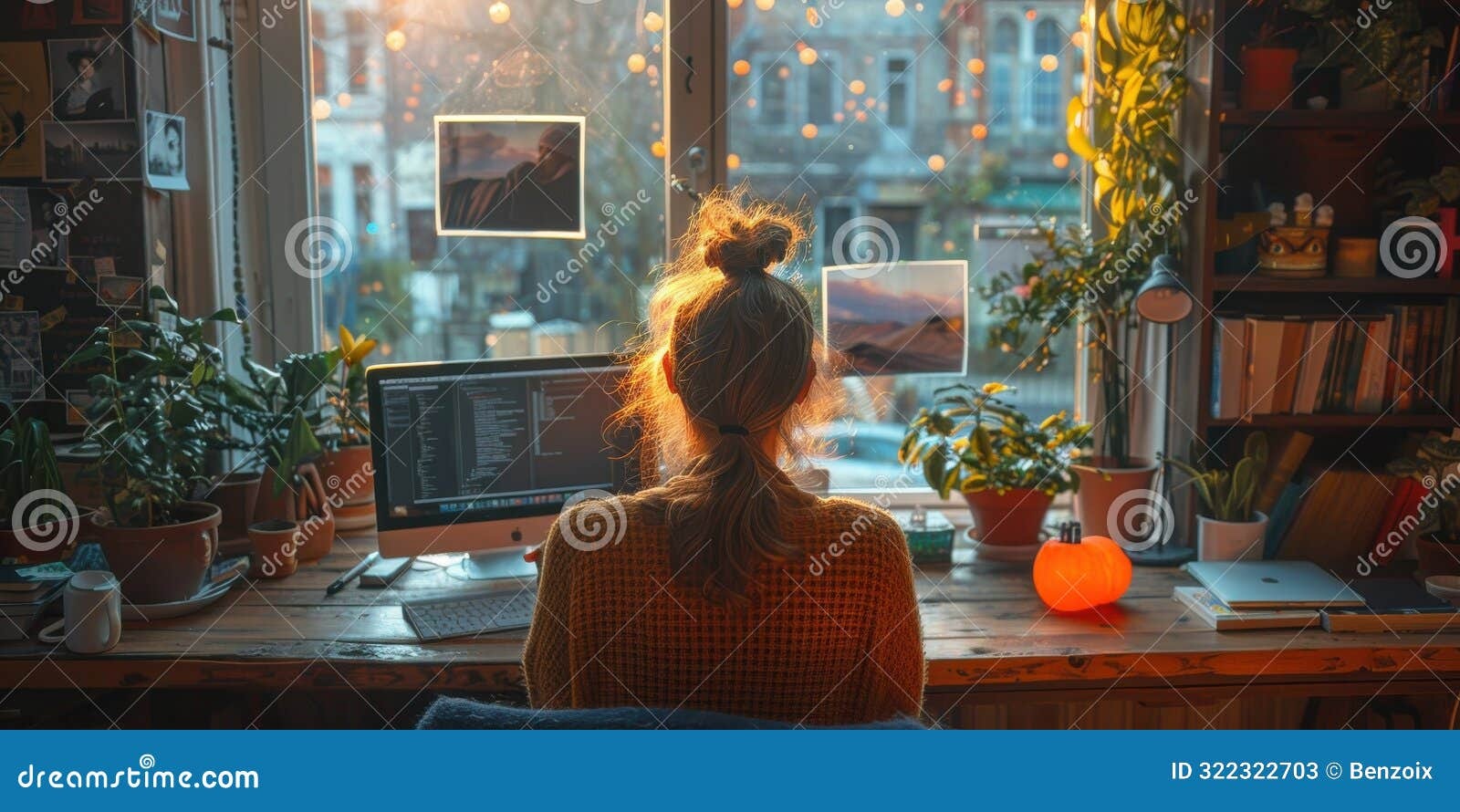 person working on laptop, cozy home office, bright light