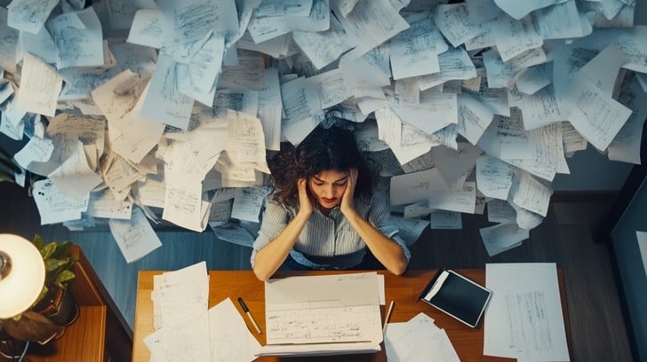 stressed person, overwhelmed, many tasks, laptop, papers