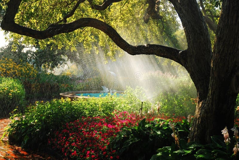 garden, lush, diverse plants, sunlight