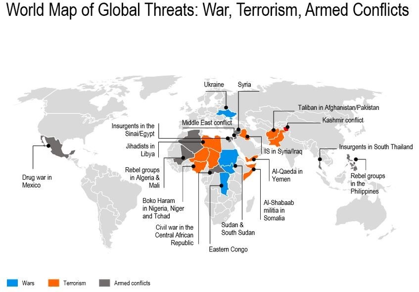 world map, geopolitical risk, conflict zones