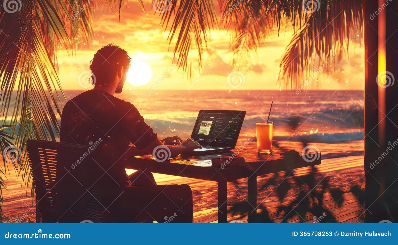 digital nomad, laptop, beach, sunset