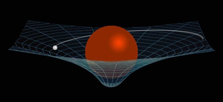 trampoline, ball, distortion, space time