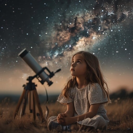 child looking at telescope, stars, universe, curiosity