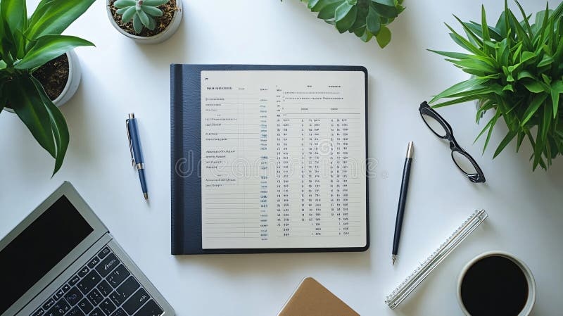 organized desk, laptop, notebook, pen