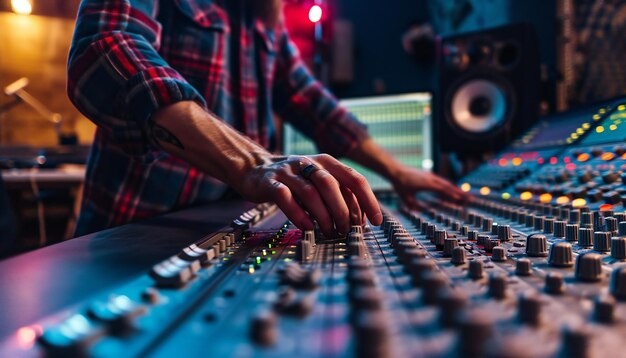audio engineer using AI-powered software on a mixing console