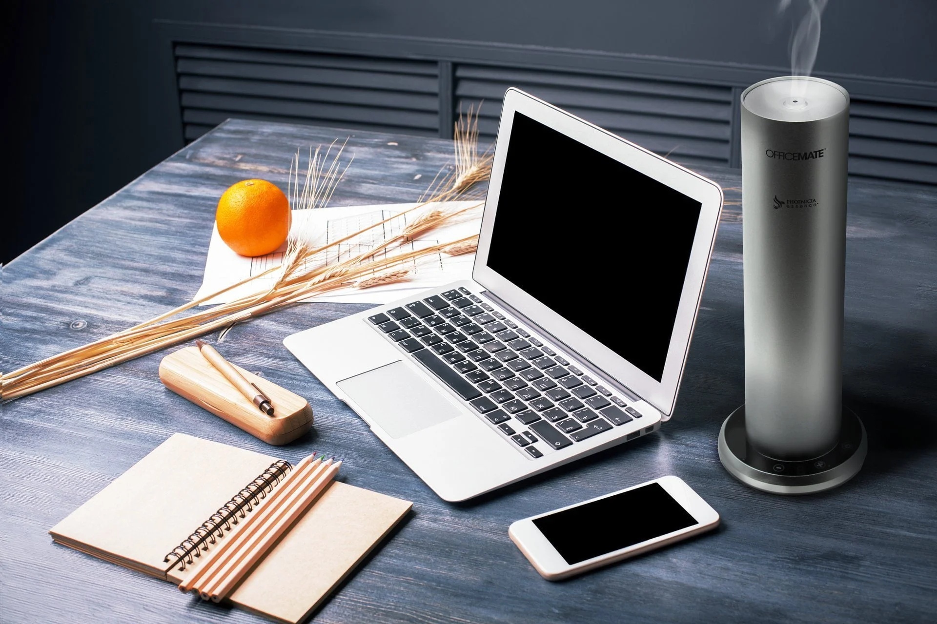 desk, books, aromatherapy diffuser, workspace