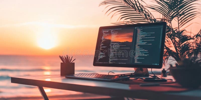 programmer,computer,sunset,peaceful
