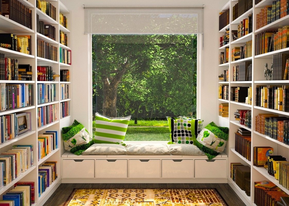 bookshelf, cozy, warm light, reading nook
