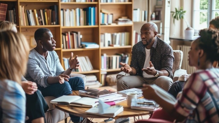 group of people discussing a book, smiling, engaged