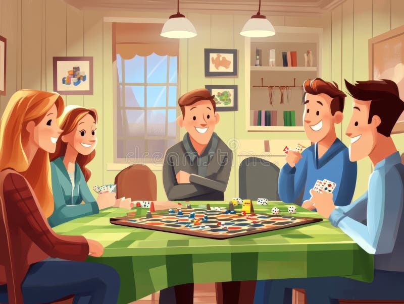 group of friends playing board games, laughter, fun