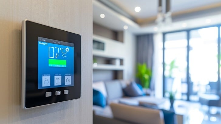 smartphone controlling smart home devices, lights, thermostat