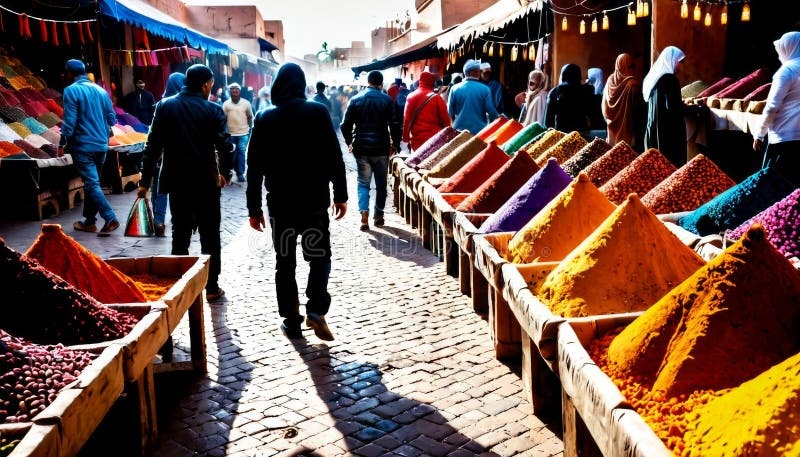 local market, Morocco, vibrant, spices, people