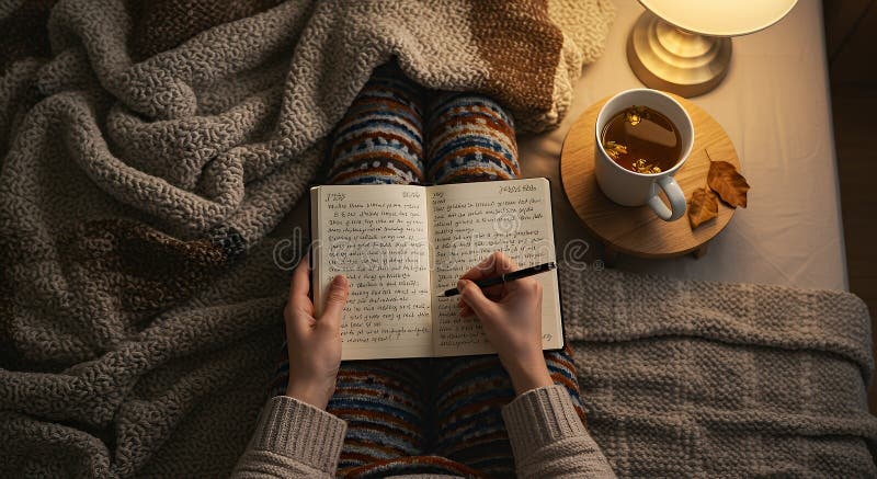 cup of tea, cozy blanket, book, warm light