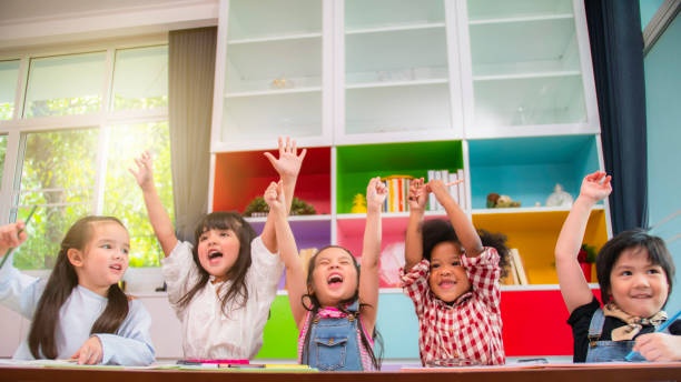 happy children, teacher, classroom