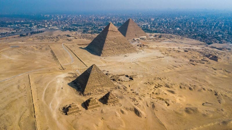 pyramids of giza, aerial view, desert landscape