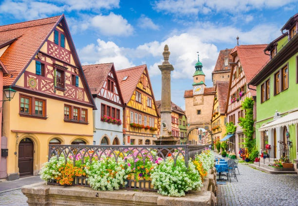 half-timbered houses, german town, sunny day, colorful flowers