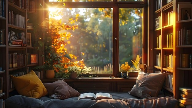 open book, cozy reading nook, warm light