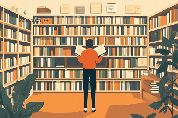 person reading book, library, bookshelves