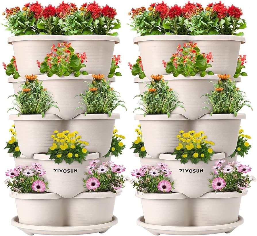 stacked planters, herbs, vegetables, balcony
