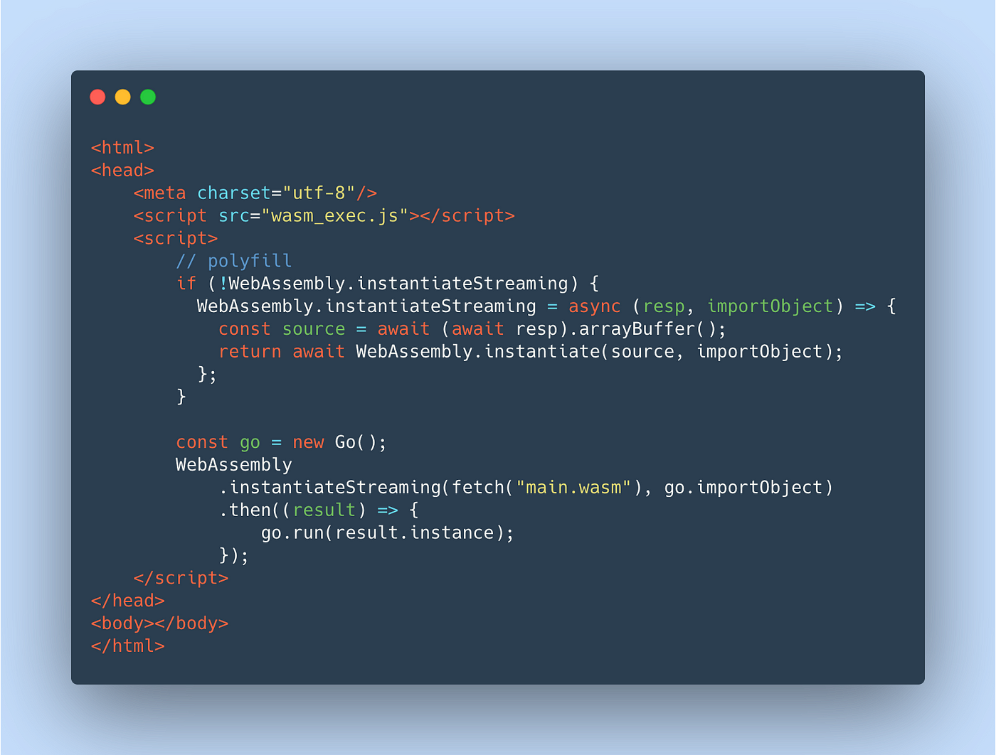 Golang code snippet, WebAssembly module, browser interface