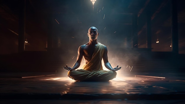 person meditating in a dark room, peaceful, serene