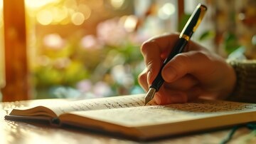person writing in a notebook with a fountain pen, creative, nostalgic