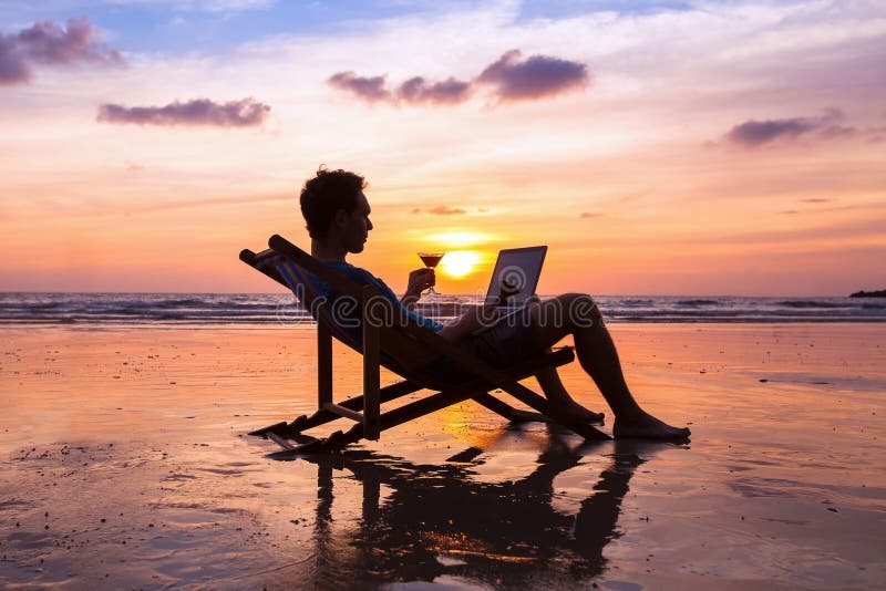 digital nomad, laptop, beach, sunset