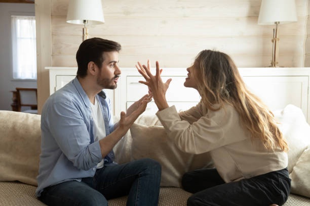 couple arguing, frustrated expressions