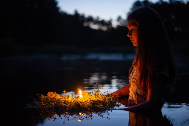 kupala night, bonfire, girls, flowers, summer