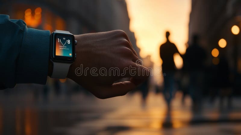 man wearing smartwatch, running, city background