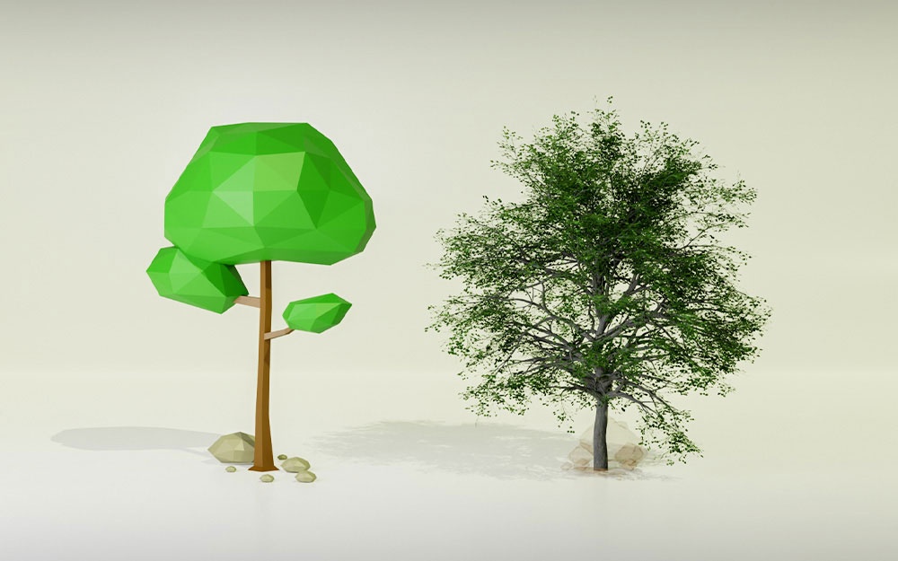 low poly model, high poly detail, neural network, rendering