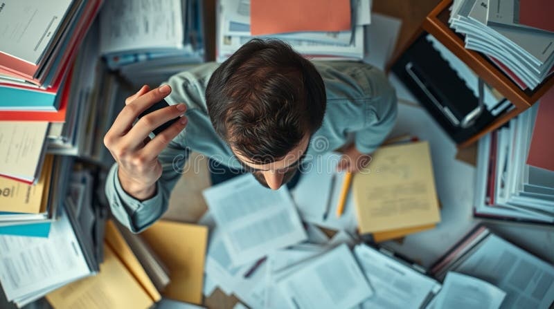 person overwhelmed by tasks, piles of papers, stressed
