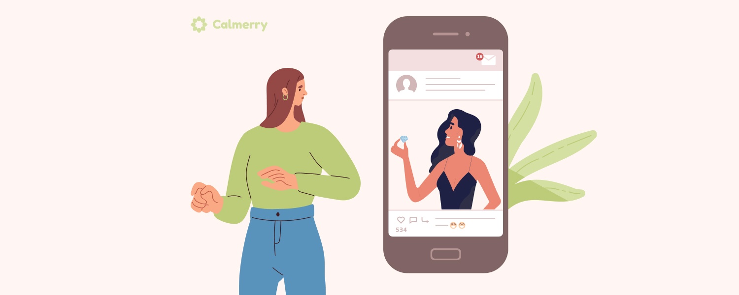 person looking at social media, comparing themselves to others, feeling inadequate