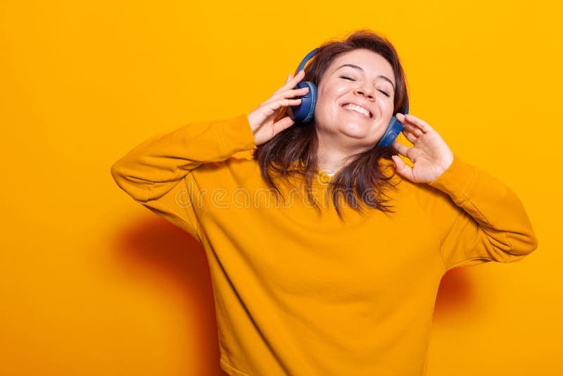 happy person listening to music, audiophile equipment