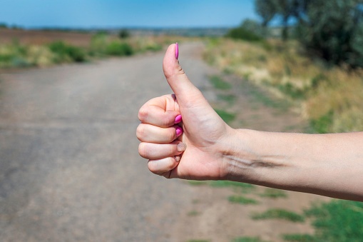 hitchhiking, thumb up, road