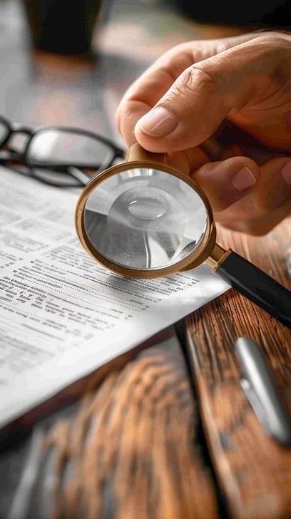 magnifying glass, old paper, text, analysis