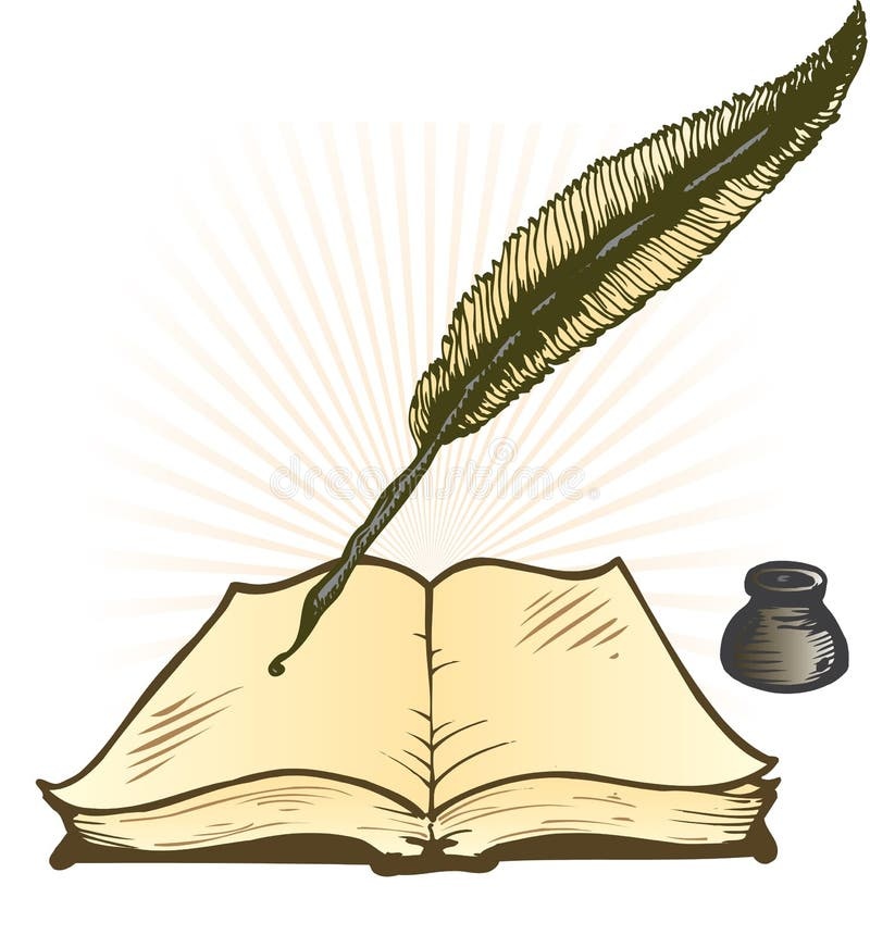 open book, quill, ink, historical research