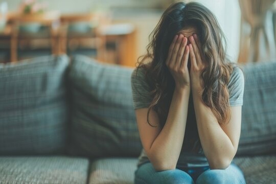 stressed mother, hands on head, overwhelmed feeling