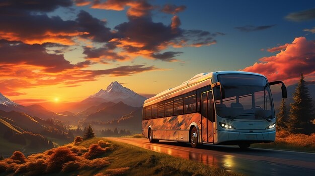 bus,road,landscape,sunset