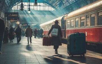 European train station, bustling with people, luggage, travel