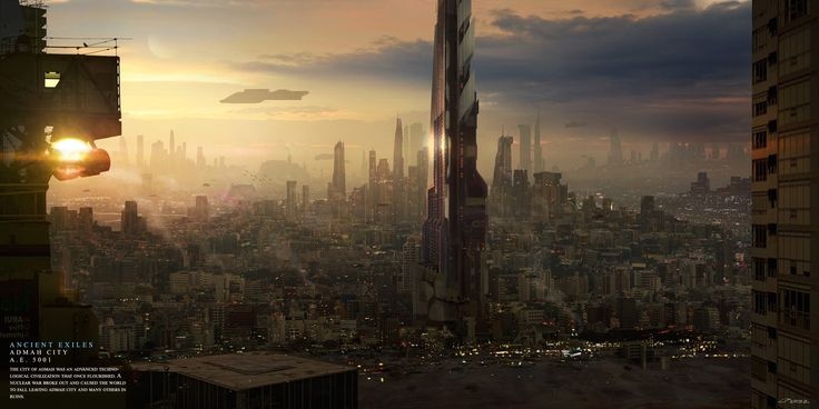 crowded city skyline, futuristic architecture, sunset