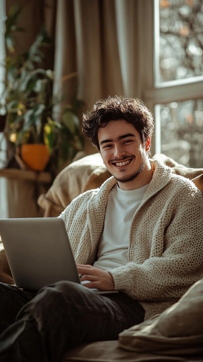 person using laptop in a brightly lit room, smiling