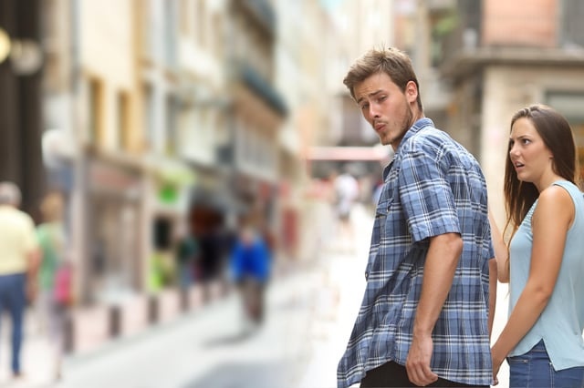 Distracted Boyfriend meme, man, woman, distraction