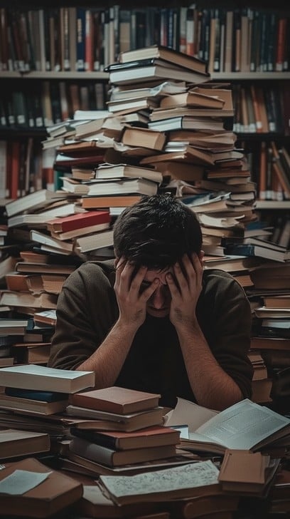 person staring at a stack of self-help books, looking overwhelmed