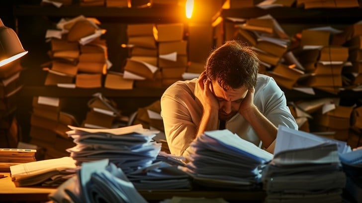 person overwhelmed by tasks, scattered papers, deadlines